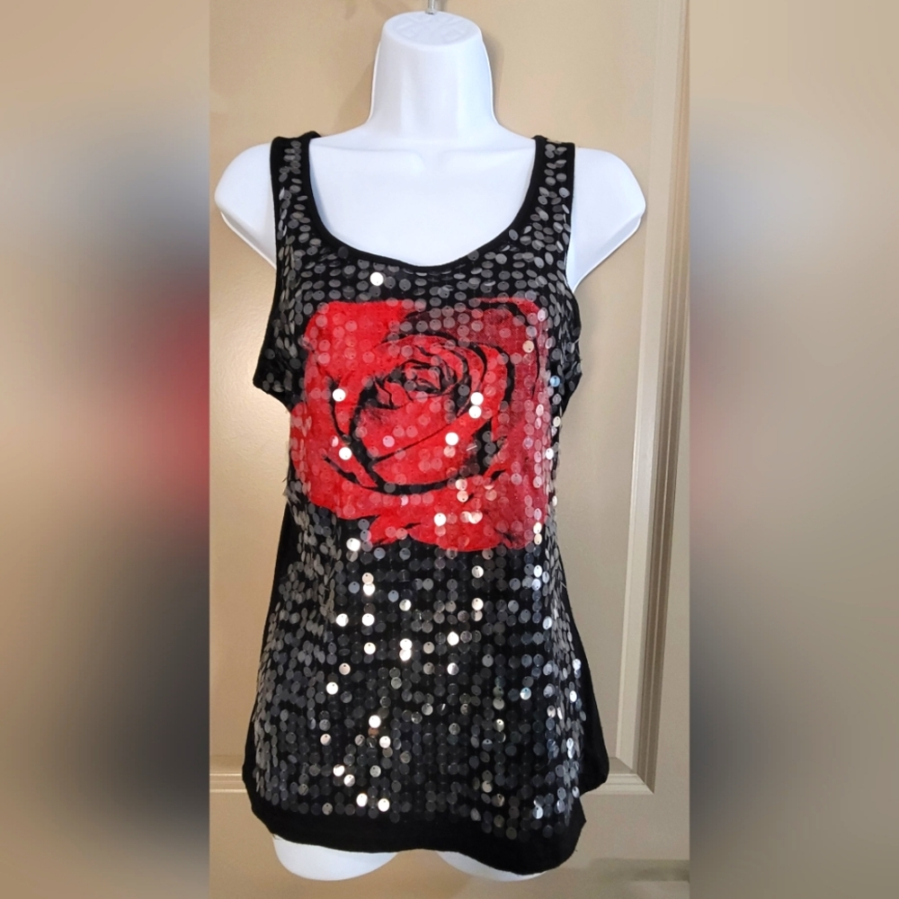 Charolette Russe Sequin Rose racer back tank top w/rose size med